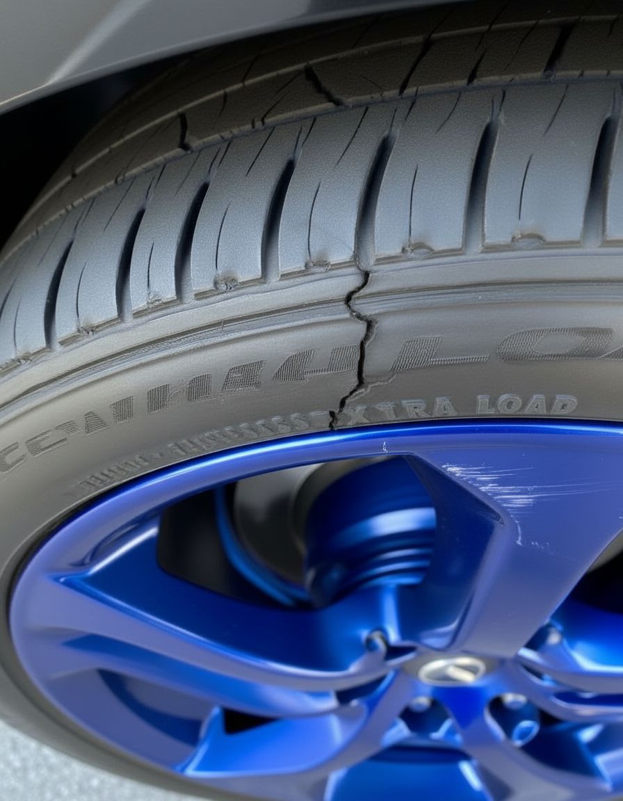 Uszkodzenie opony głębokie rozcięcie na styku bieżnika ze ścianą boczną